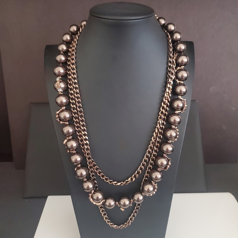 Givenchy Triple Strand Necklace Bronze Tone Beads with Crystal Accents Toggle‎ - Picture 12 of 12